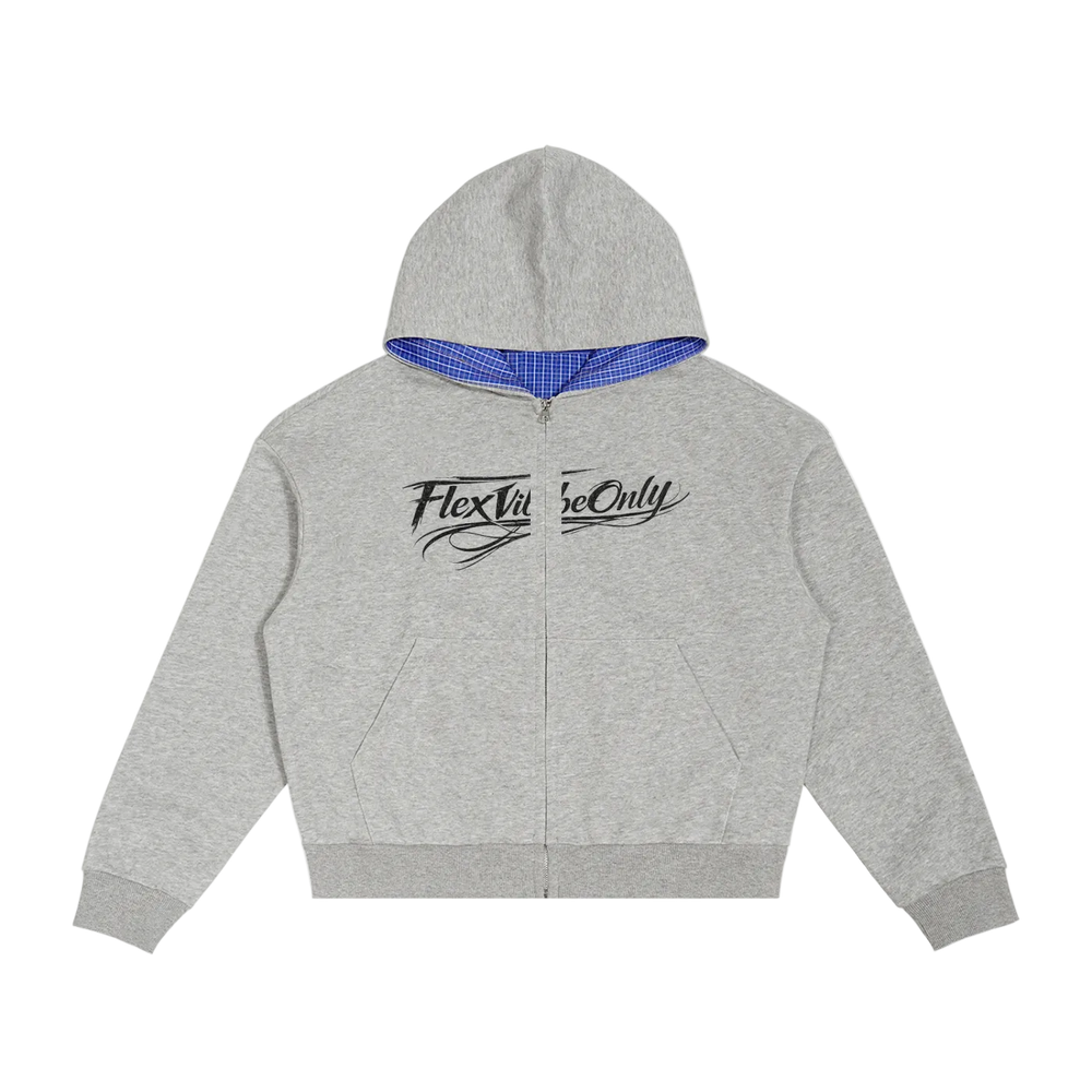 Contrast Plaid Boxy Zip Hoodie